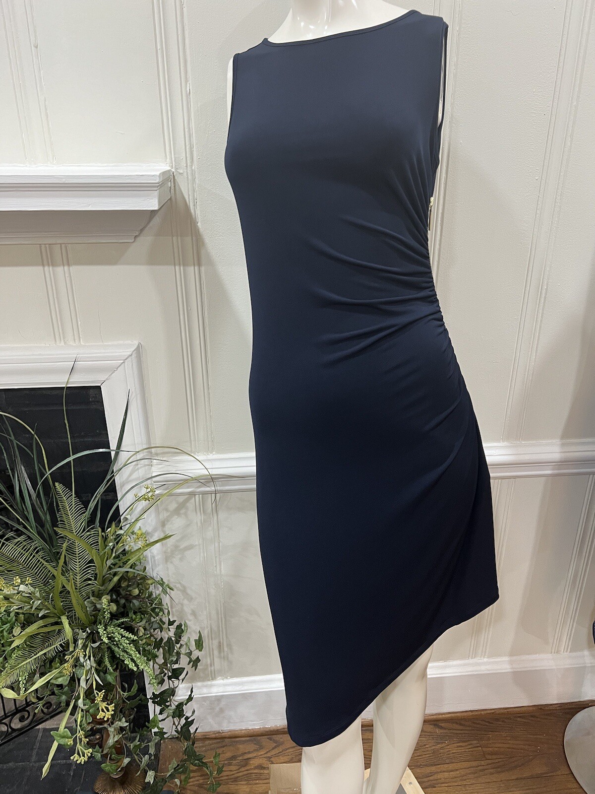 Michael Kors Sleeveless Side Zipper Ruched Asymmetric Navy Dress 8