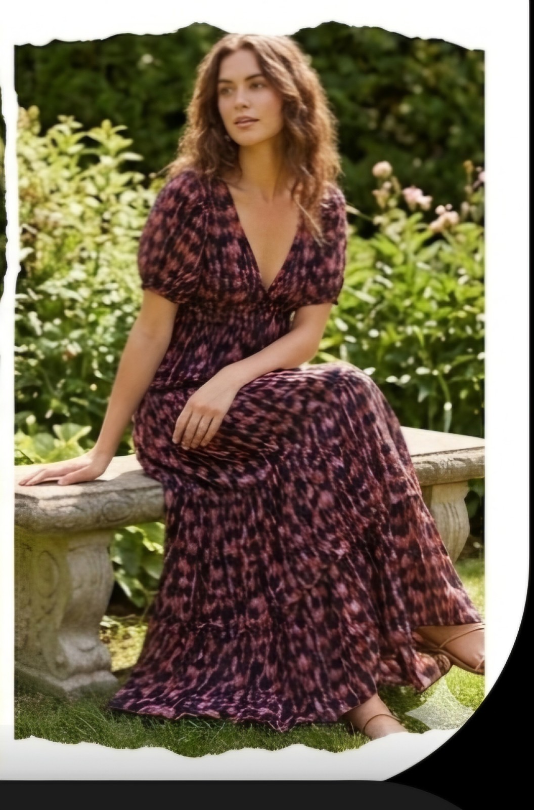 Anthropologie Purple Printed Ruched-Sleeve Mesh Lined Maxi Dress Petites Sz S
