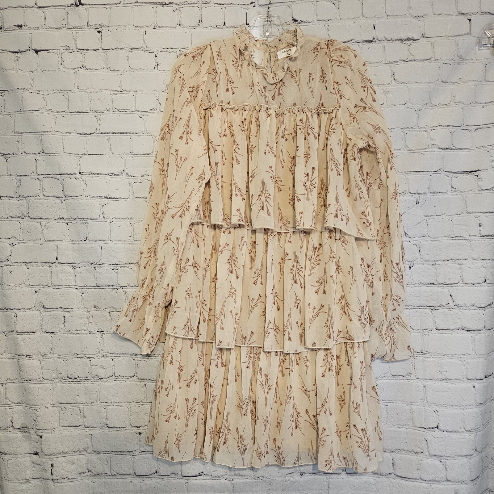 Reverof Cream Floral Tiered Ruffle Long Sleeve Lined Dress SZ Large