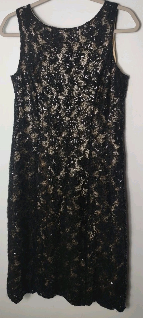 Cocktail Dress SZ 10 Romantic Lace Curve Hugging Elegant Double Lined Sequence