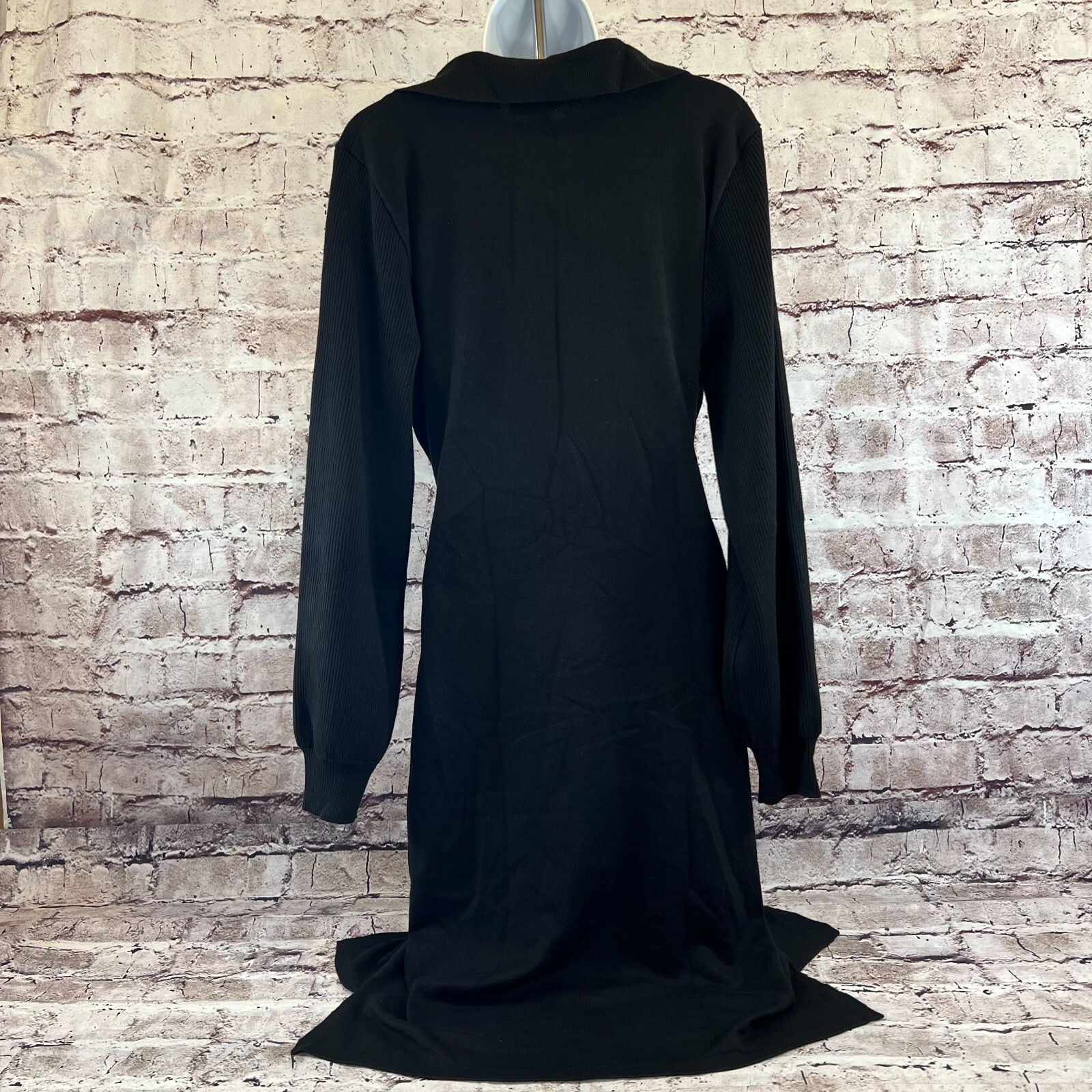 Nina Leonard Solid Black Heavy Knit Long Sleeve W/Belt Knee Length Dress Size L
