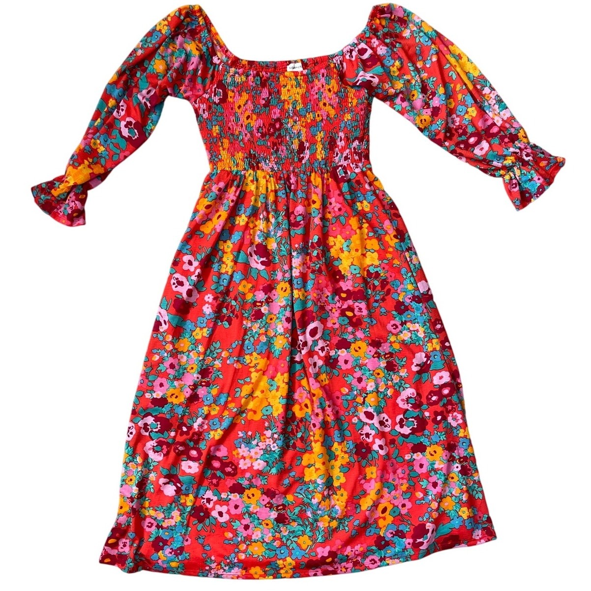 Sugar Lips Francesca Vibrant Wildflower Denni Smocked Midi Dress Size Small