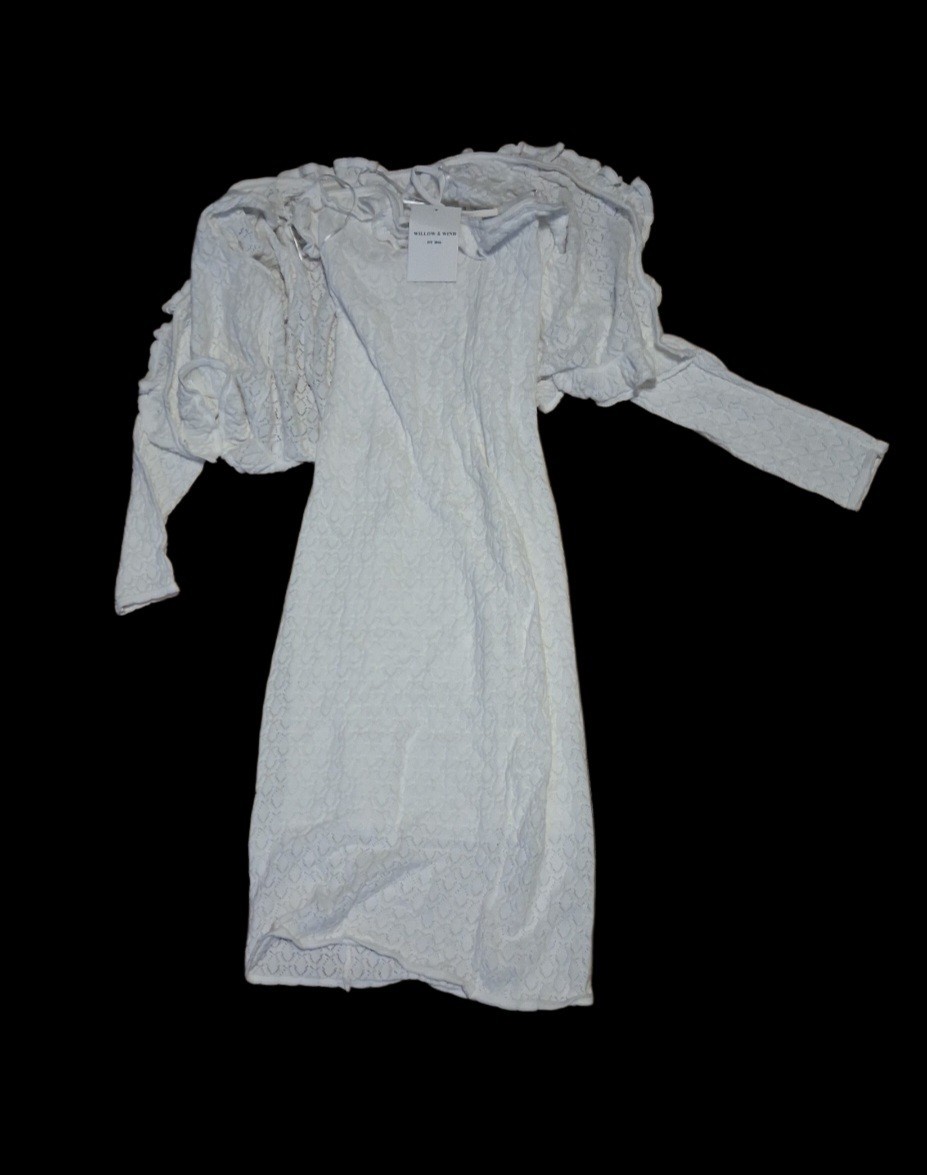 Willow & Wind White Solid Lace Sheath Dress Ruffle Puff Long Sleeve Lined S