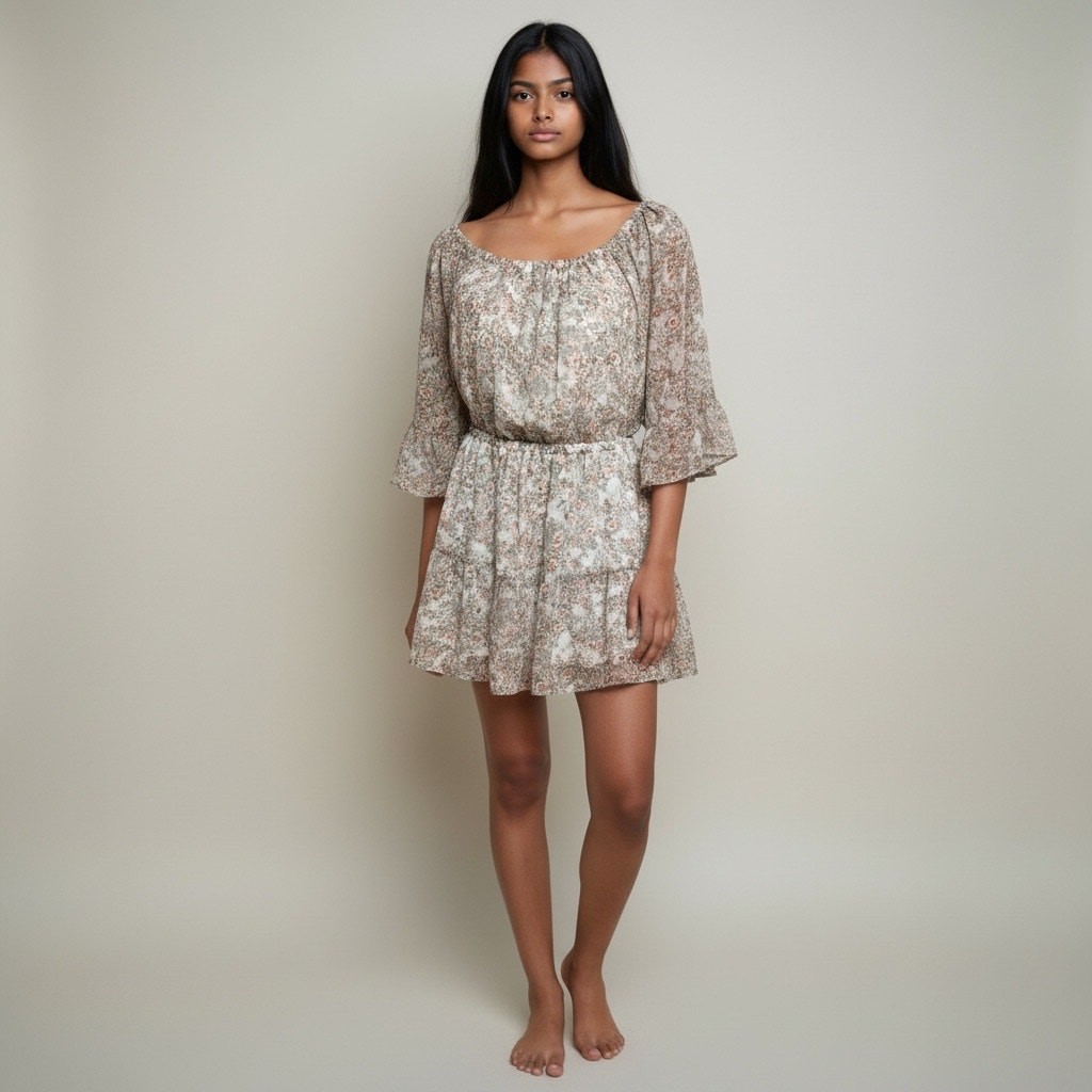 Promesa Boho Floral Mini Dress Size S Neutral Peasant Flowy Cottagecore