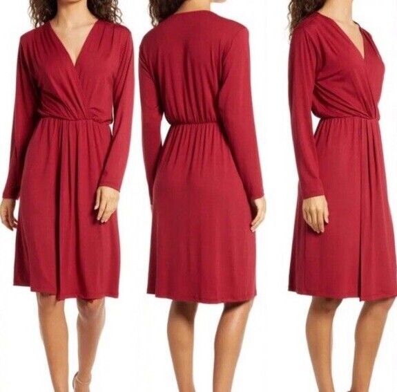 FRAICHE by J Red V-Neck Faux Wrap Stretch Knit Dress Size L = 12/14 Nordstrom
