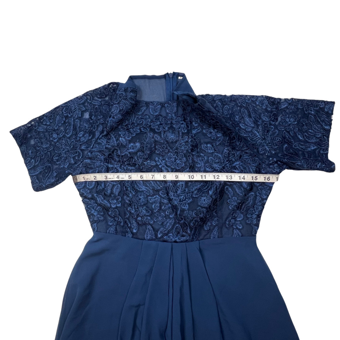 TS Conture Dress S Navy Blue Tea Length Embroidered Lace Bodice Chiffon Skirt