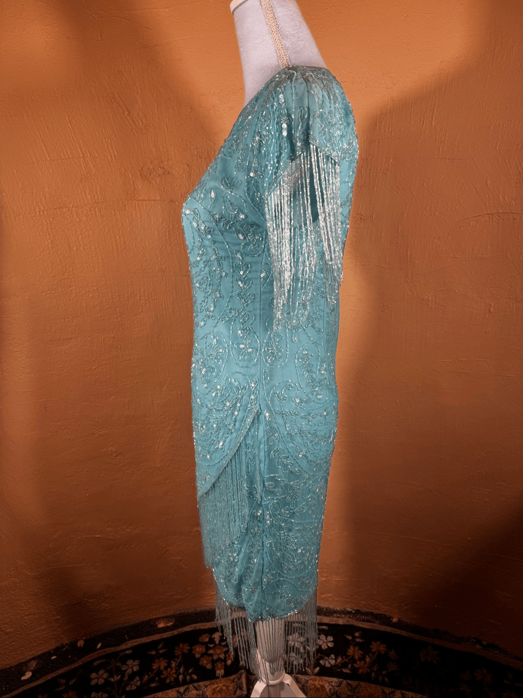 Vintage 1980s Aqua Blue Silk Beaded & Sequin Cocktail Dress Bead Fringe Sleeves
