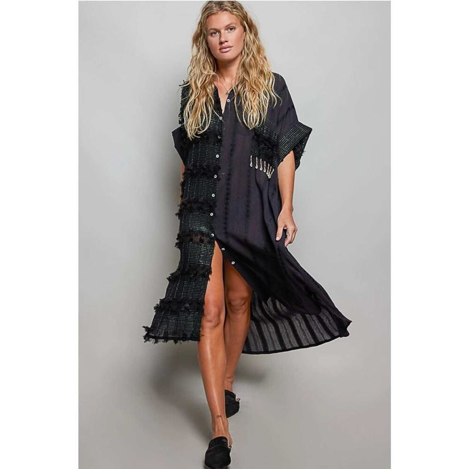 POL Dangle Trim Textured Cotton Oversized Long Shirt Dress – Cream