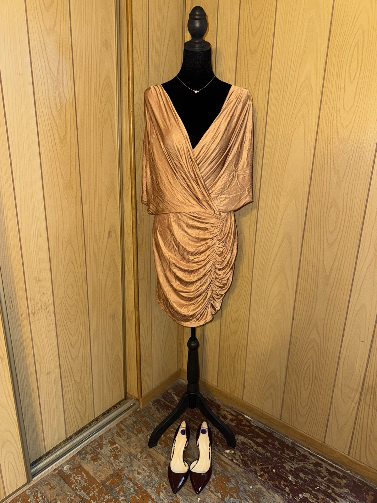 Boston Proper Bronze Ruched Satin Cocktail Dress | Draped V-Neck | Party Wedding