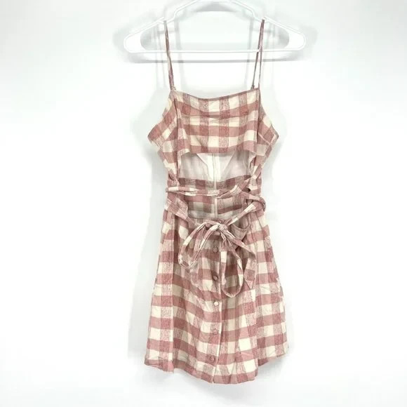 Privacy Please Dress Small Geranium Pink Gingham Plaid Mini Button Cutout Belted