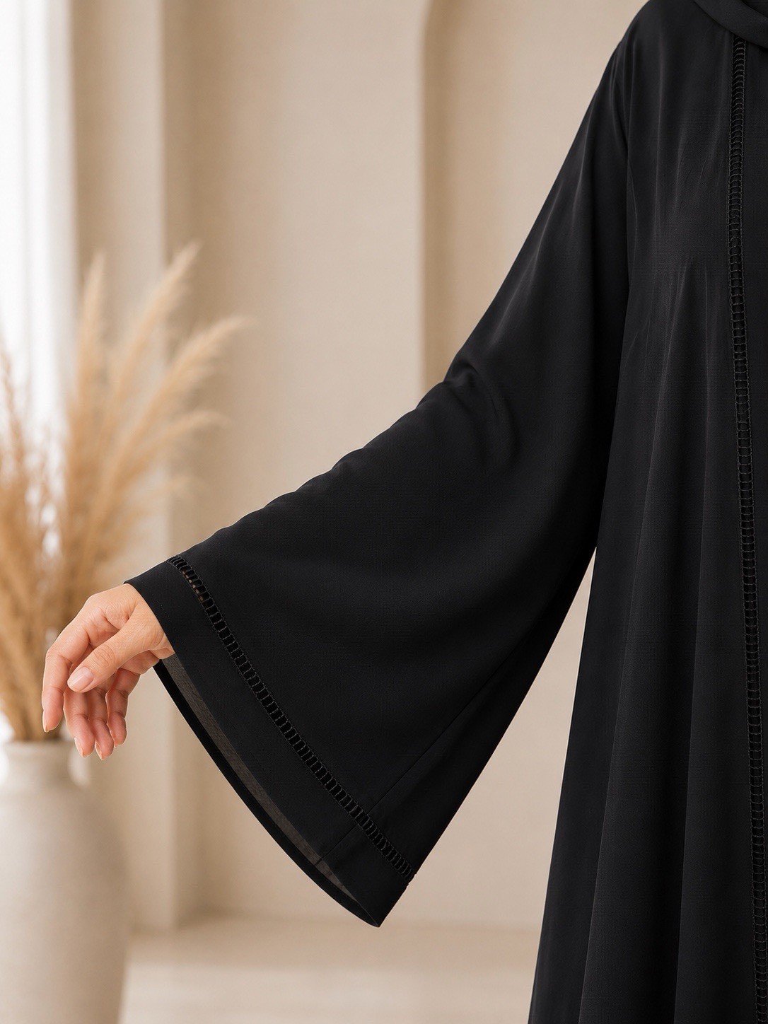 Libaayawear Women’s Black Solid Open Front Abaya One Size Nida Bell Sleeve