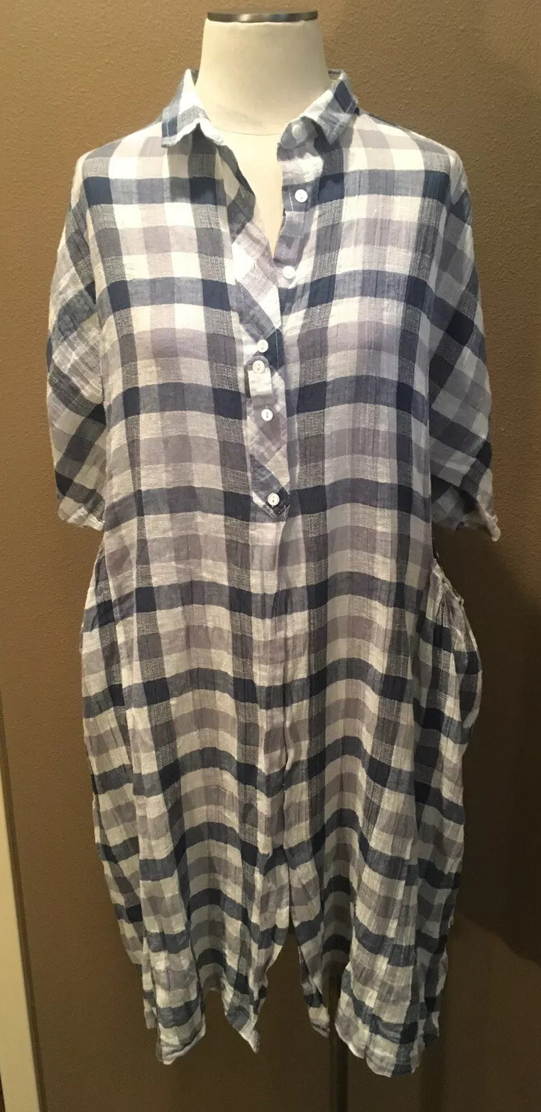 Mordenmiss M 100% Cotton Checked Lagenlook Shirt Dress Tunic W Pockets