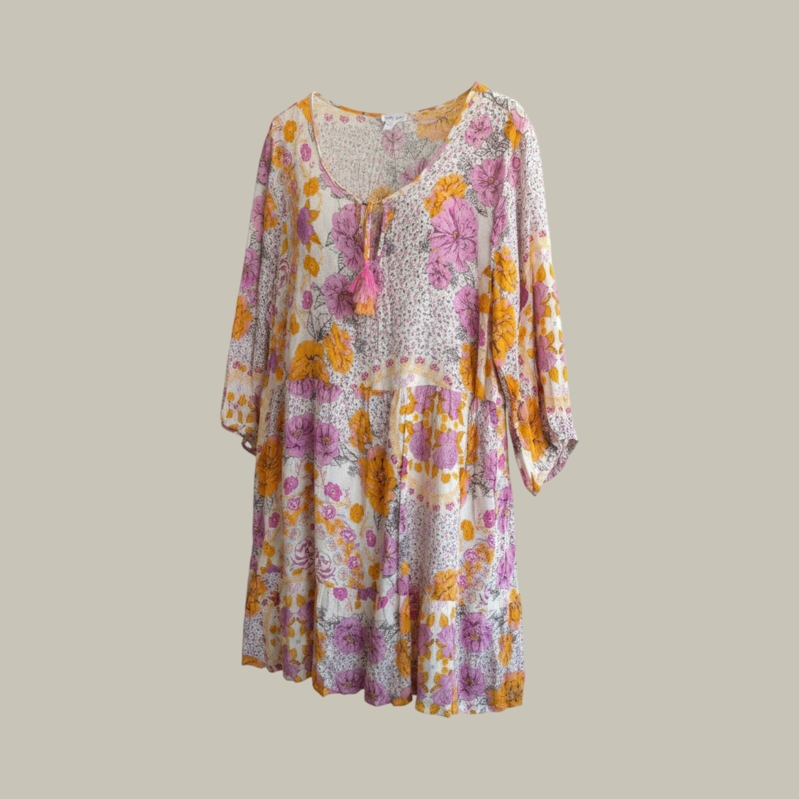 Tribal Jeans XXL Floral Patchwork Boho Tiered Tunic Dress Pink Yellow Tassel Tie