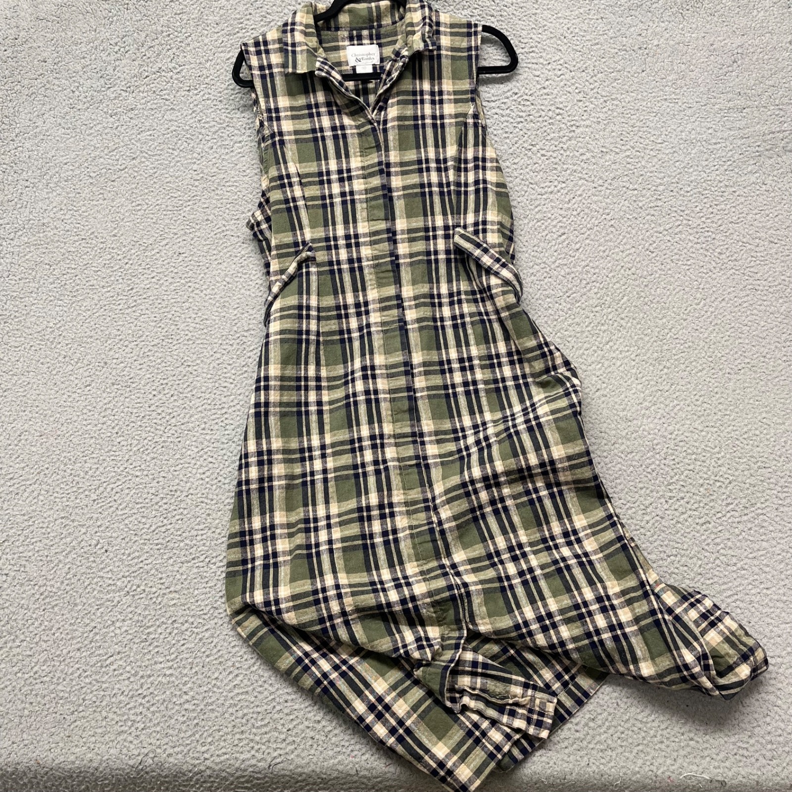90’s Mom Dress Womens 16 Green Plaid Linen Cotton Belted Midi Christopher Banks
