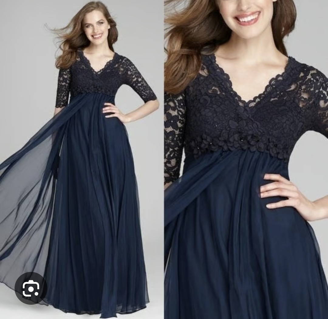 Teri Jon by Rickie Freeman Navy Lace Bodice Chiffon Maxi Gown 3/4 Sleeve NWT…