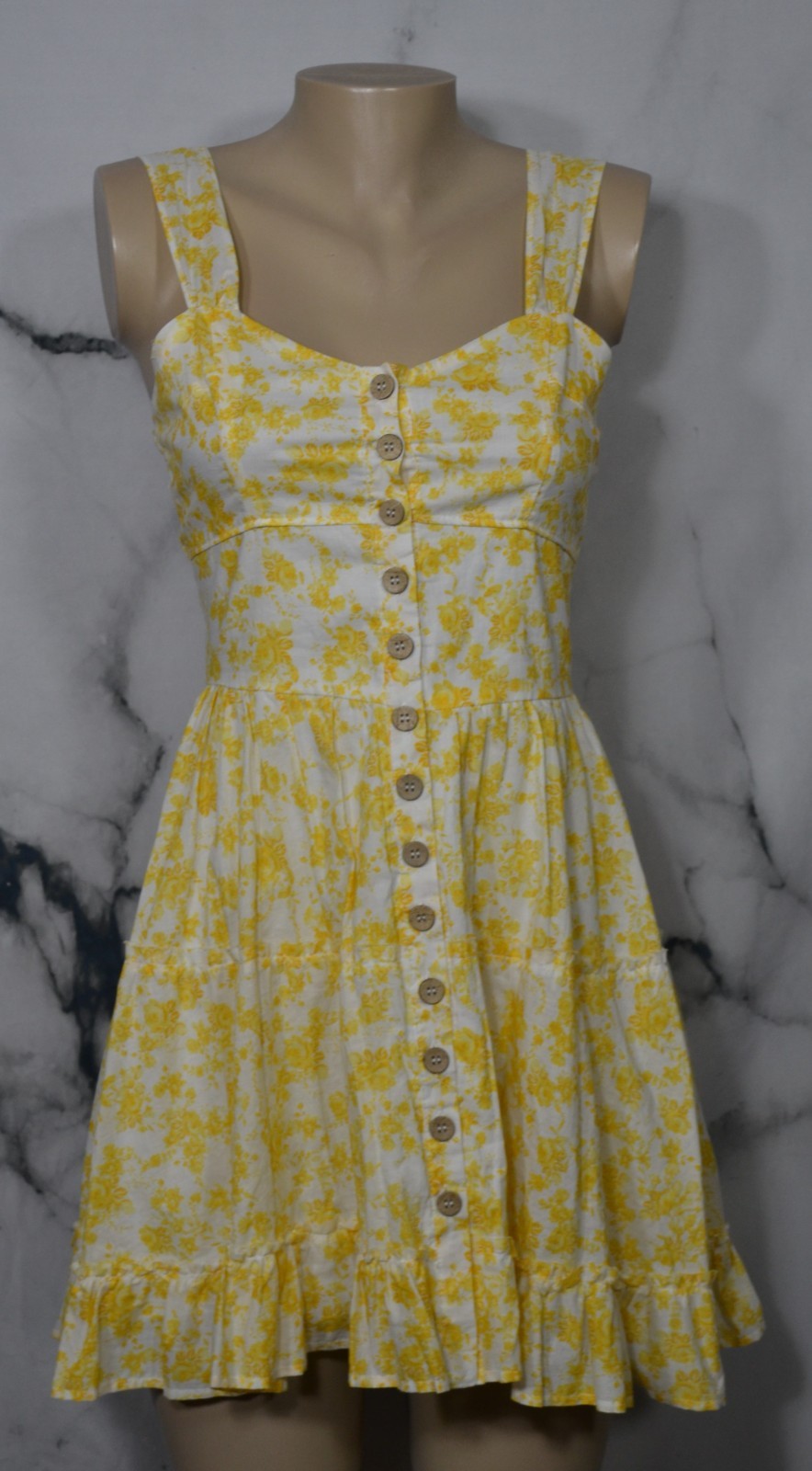 MIDNIGHT DOLL Yellow White Floral Print Sleeveless Dress Small Tiered Skirt