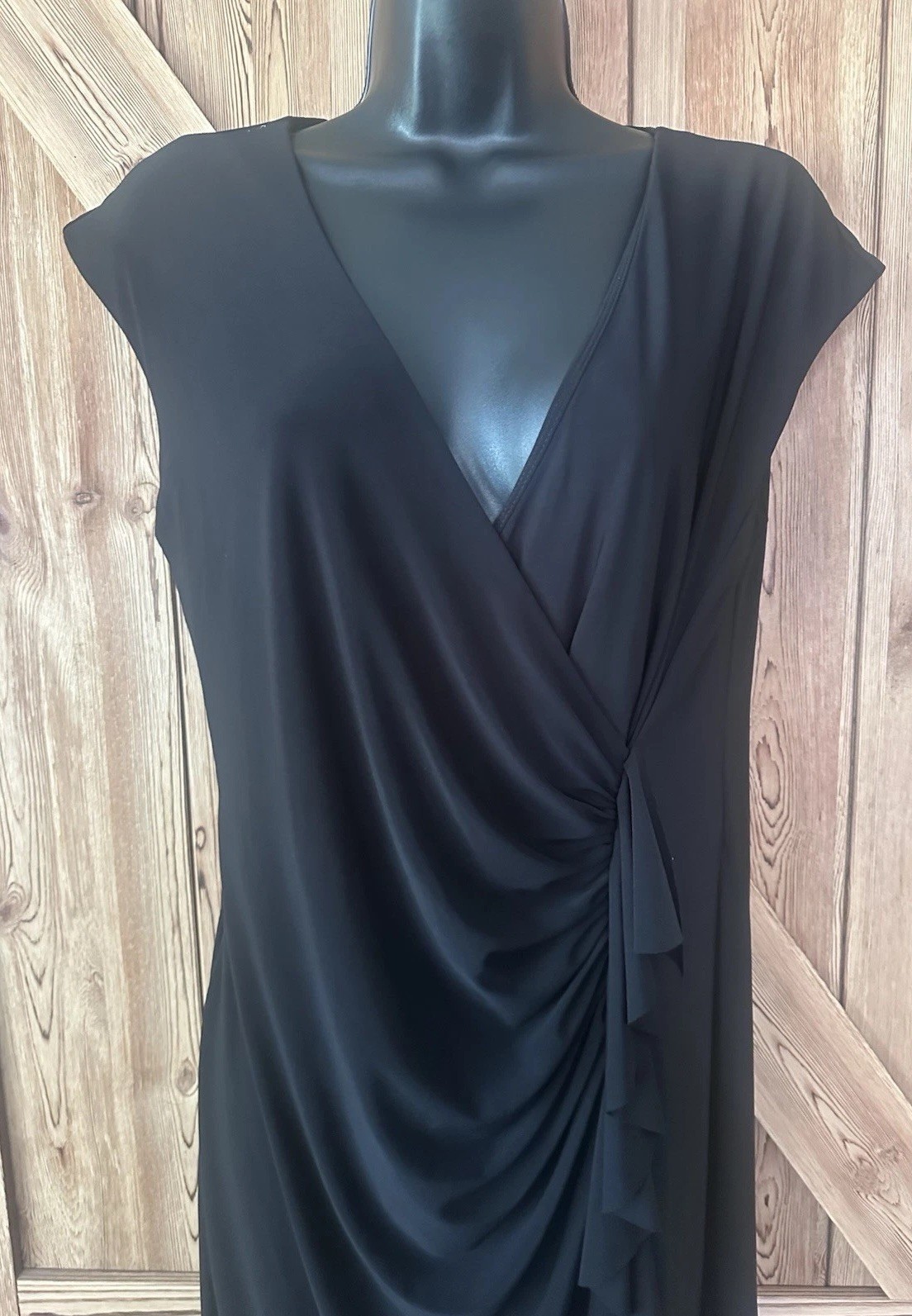 ESTABLISHED 1962 Black V-Neck Cap-Sleeve Faux Wrap Stretchy Dress Size 12