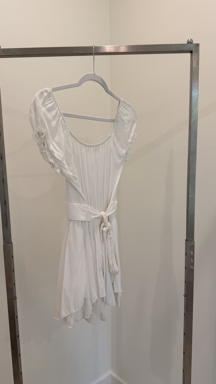 Altar’d State White Solid Fit & Flare Short Puff Sleeve Tie Waist Romper Dress S