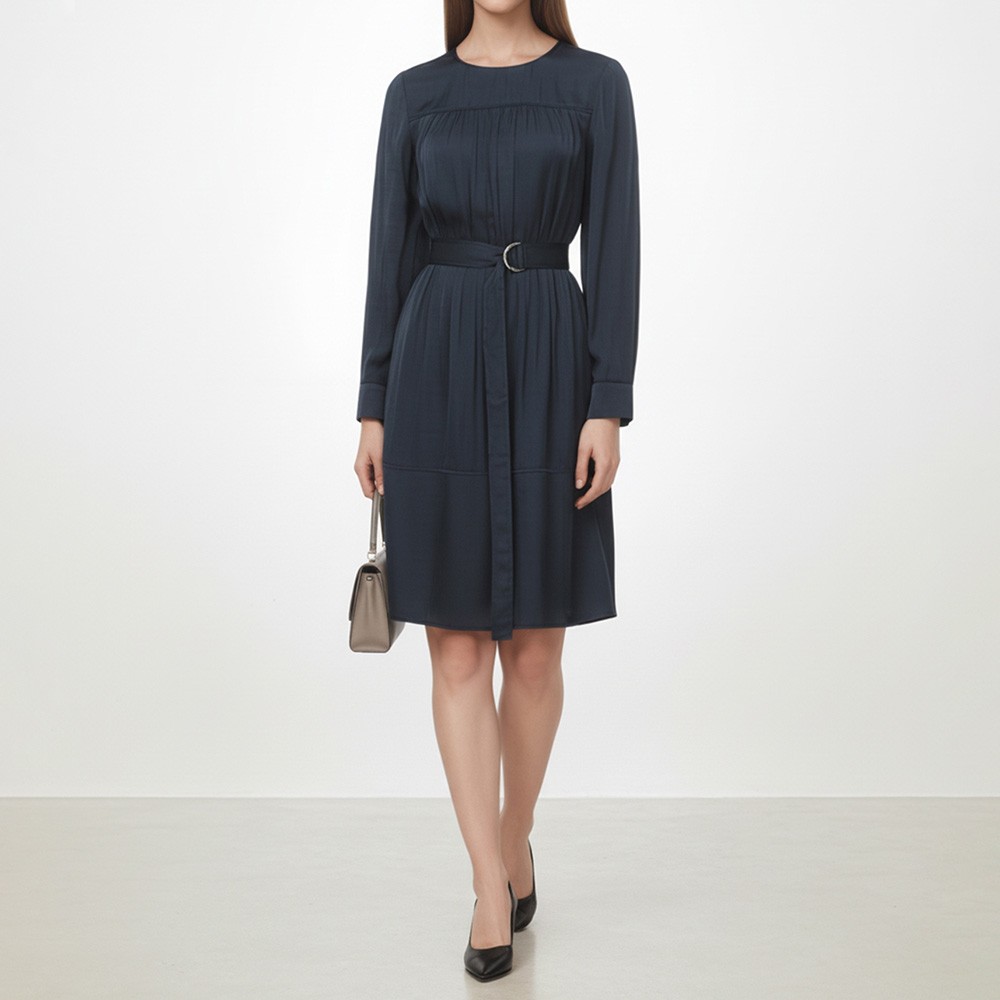 Women Long Sleeve Satin Pleated Midi Dress Ladies Belted Work Formal Dresses