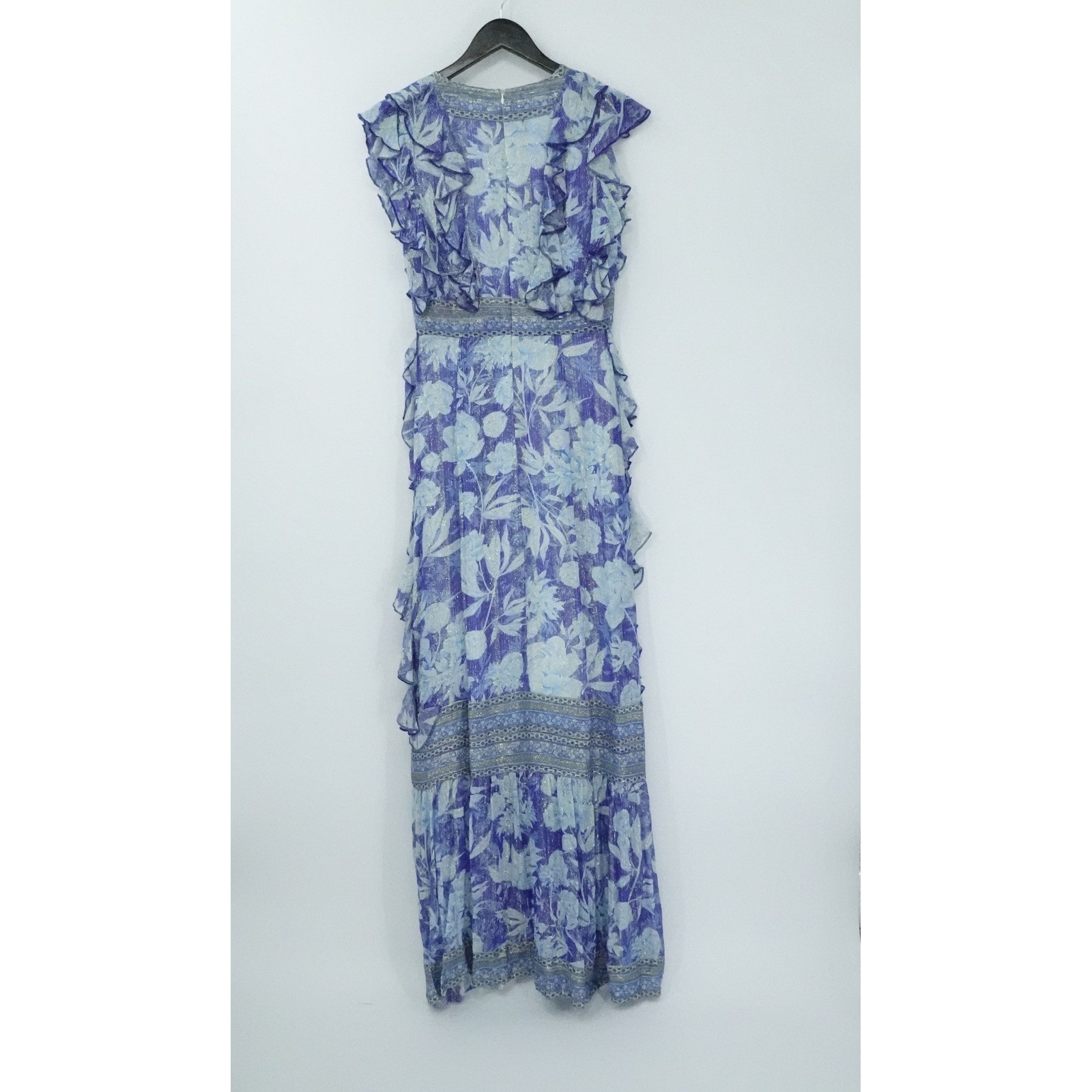 Just Bellina Dress Womens Small Blue Metallic Ruffle Boho Maxi Chic Boho Flowy
