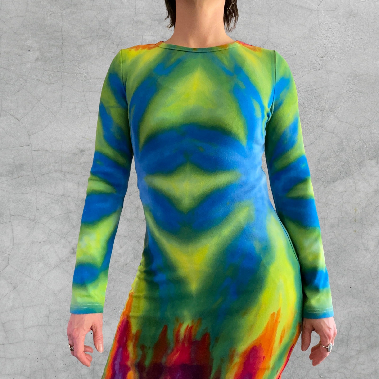 Ice Dyed Bodycon Dress – Long-sleeve Night Out – Hippie Boho Women’s XLarge