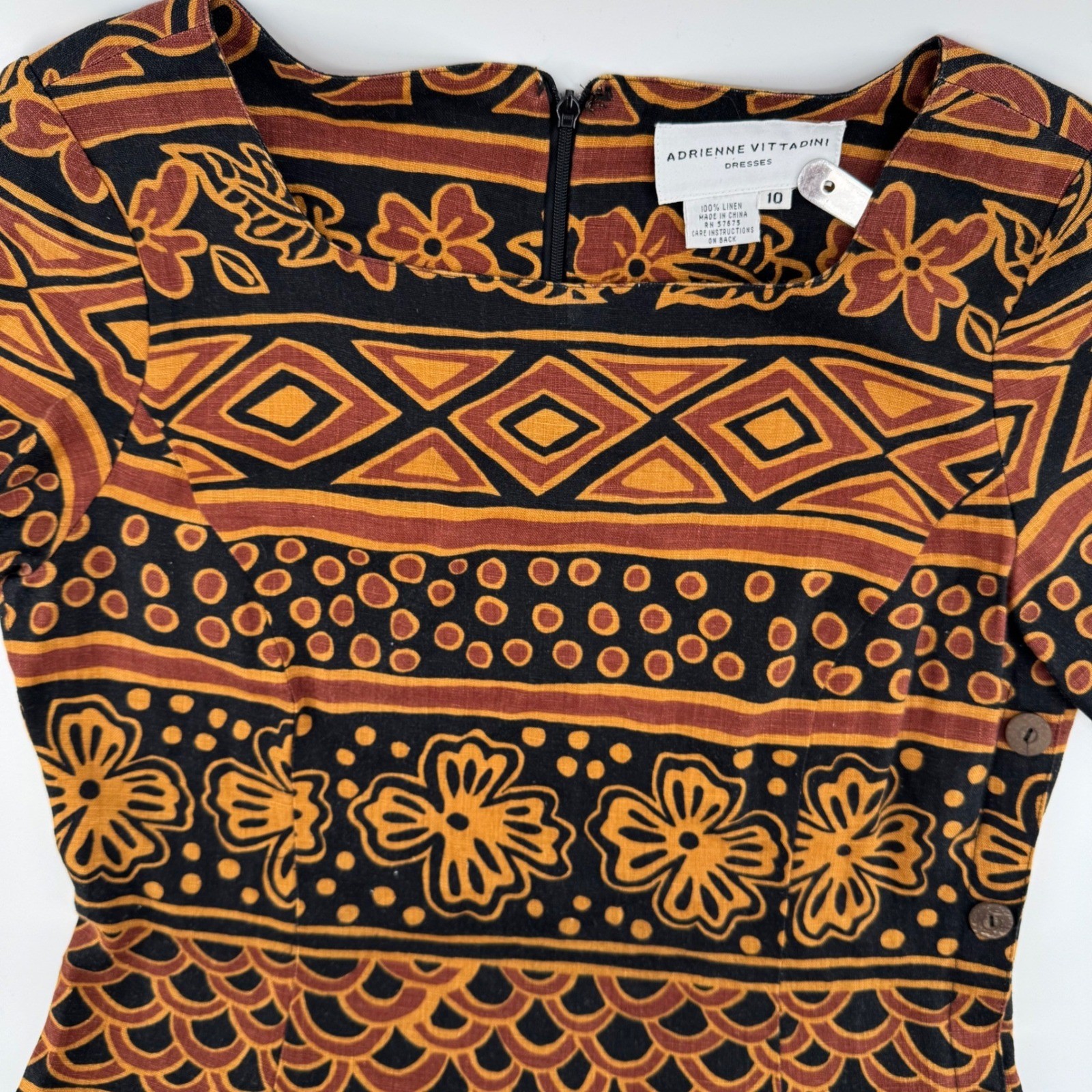 Adrienne Vittadini Vintage Sz 10 Batik Print Linen Dress Brown Black 90s Sheath
