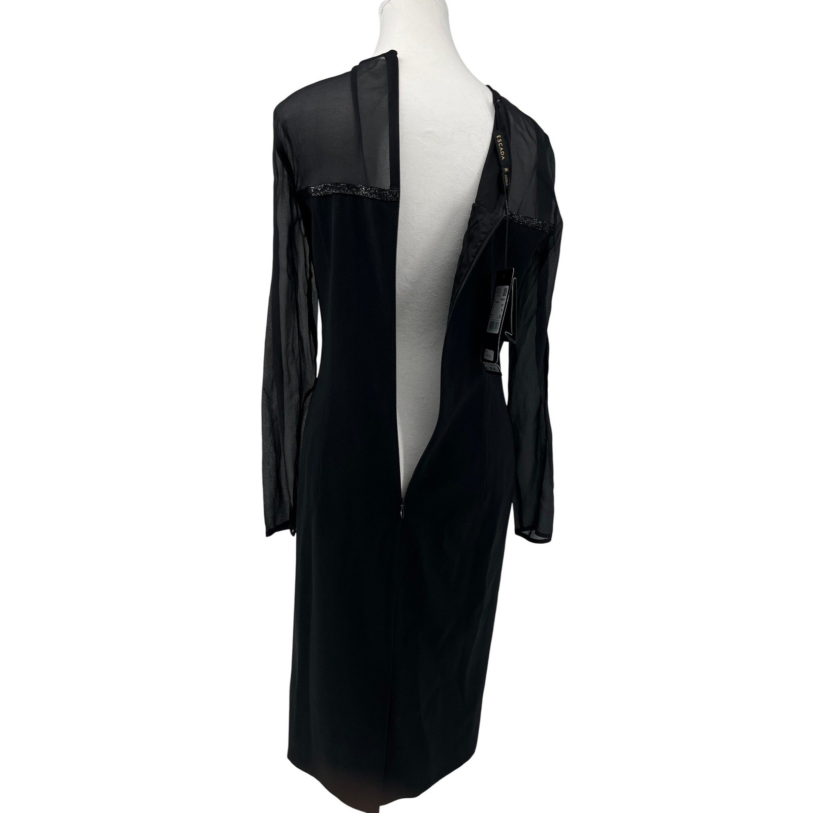 Escada Dhrti Black Beaded Sheer Mesh Illusion Midi Dress Silk S 36 NEW $1595