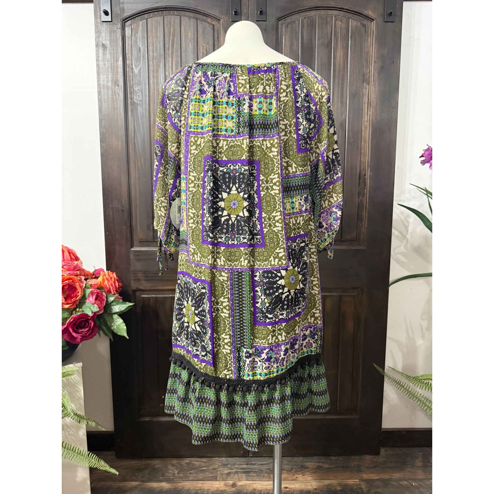 Emma & Michele Boho Patchwork Shift Dress Green Purple Tassel Trim Large NWT
