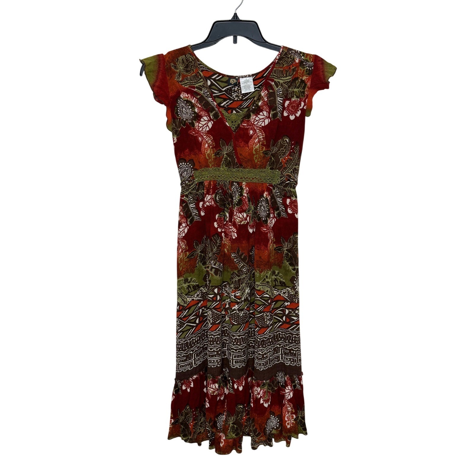 Bila Midi Dress Size Medium Boho Floral Tribal Ruffle Crochet Trim Forest Fairy