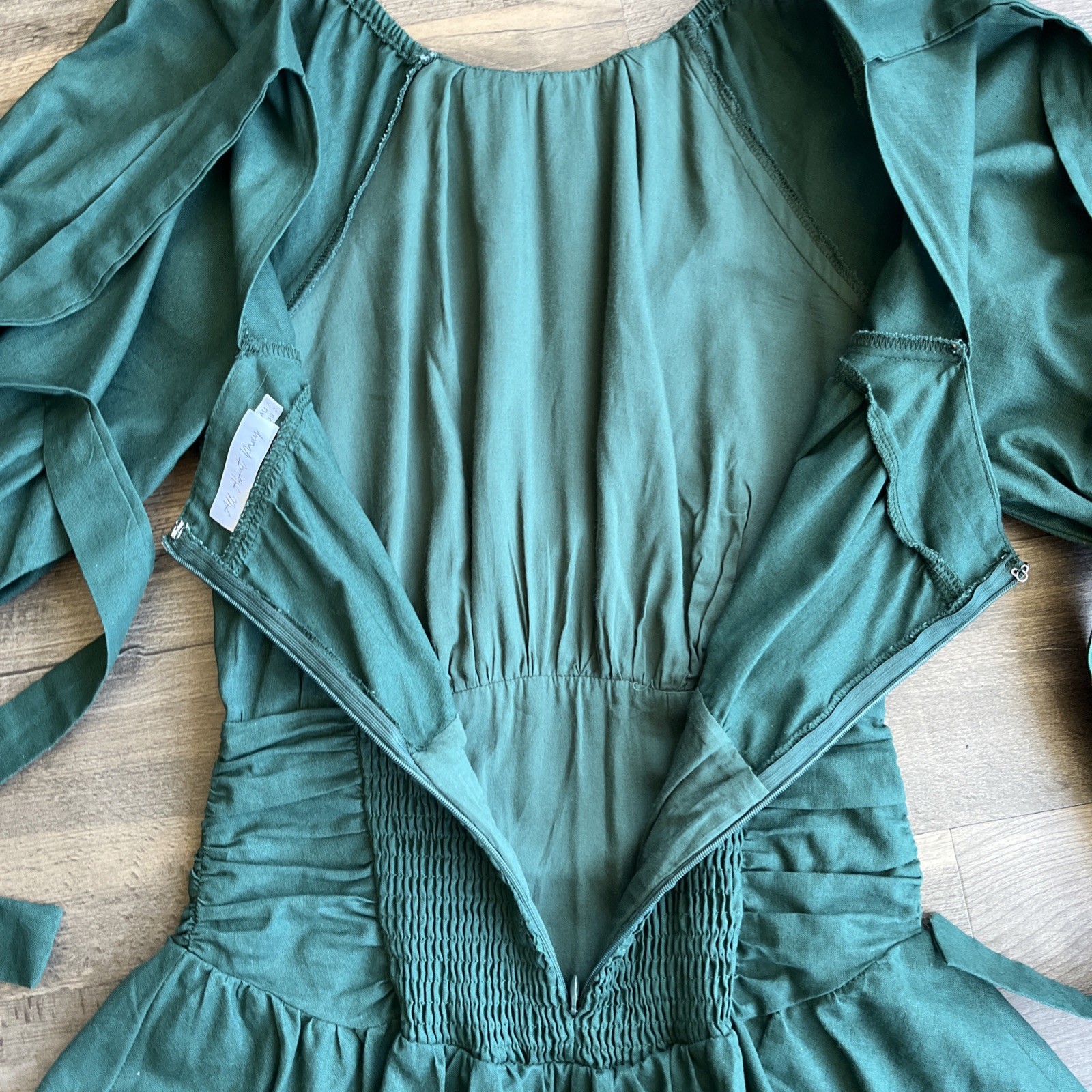 All About May Tiered Mini Dress Cotton Linen Blend Balloon Sleeves Back Tie Sz 2
