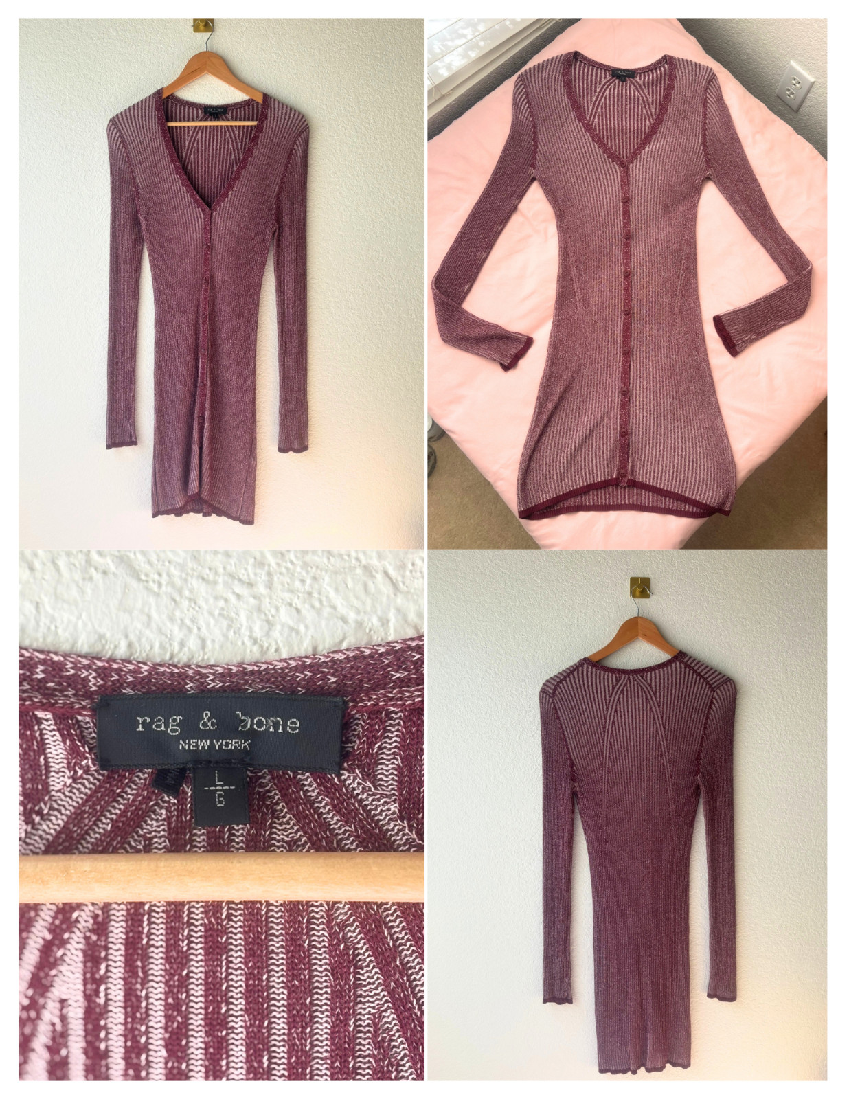 Rag & Bone NY Ribbed Button Front Knit Sweater Dress Cardigan Burgundy Large