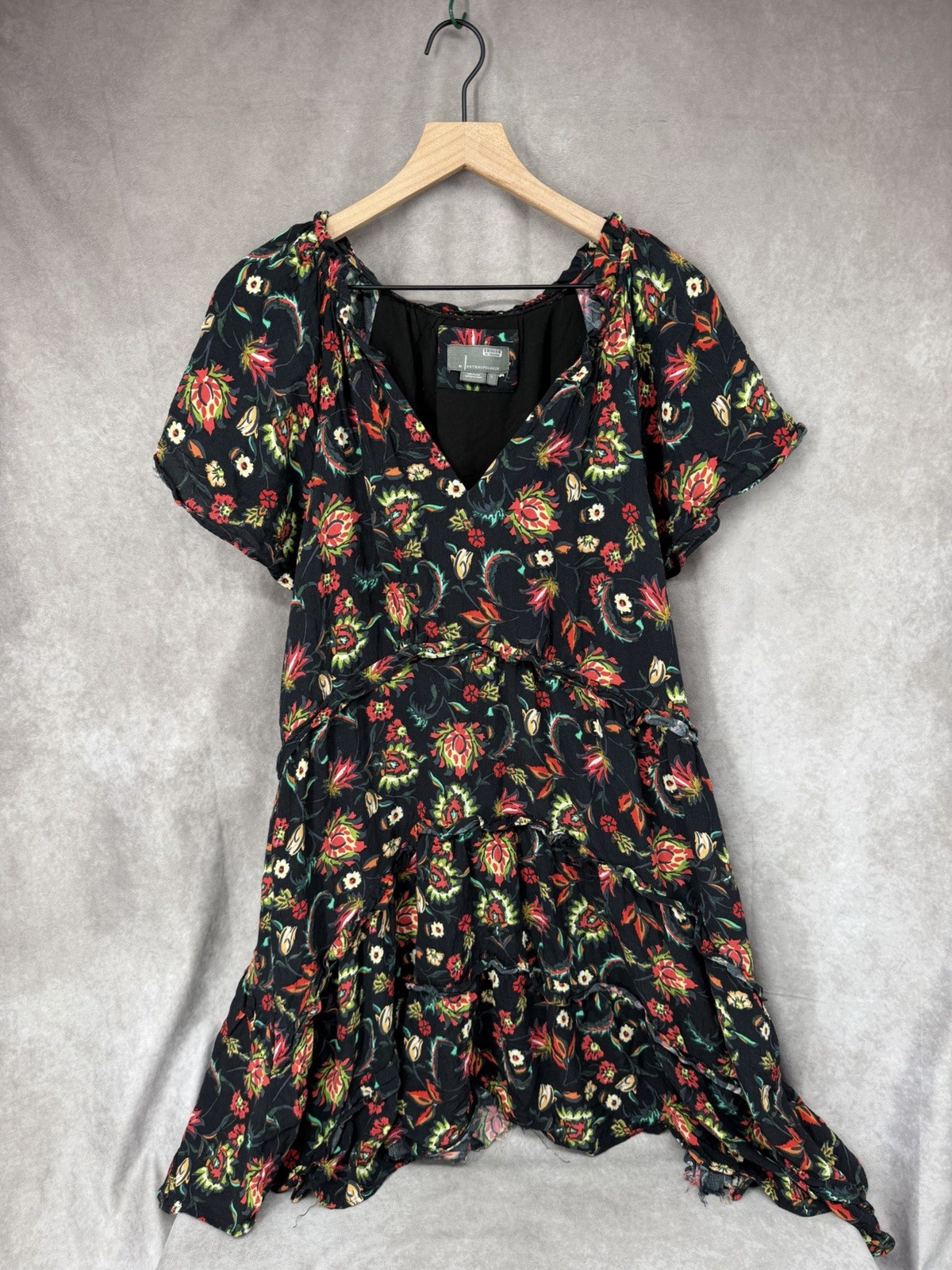 Anthropologie Robin Tiered Mini Dress in Black Floral Paisley Print Size Large L