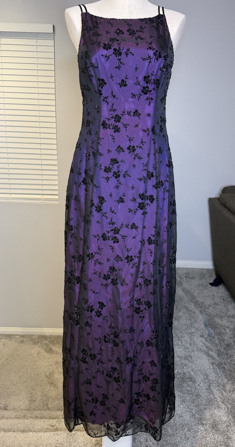 Betsy & Adam by Jaslene Formal Maxi Dress 8 Purple Black Beaded Floral Mesh