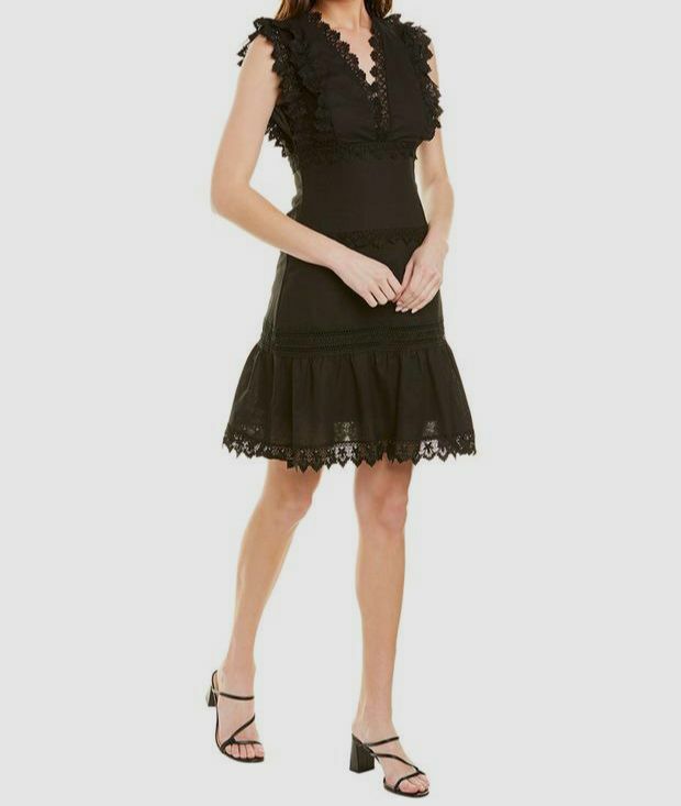 $450 Stellah Women’s Black Sleeveless V-Neck Linen Lace Mini Dress Size Small