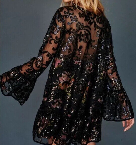 Free People Falling Flowers Frock Mini Dress Pink Black Sequins