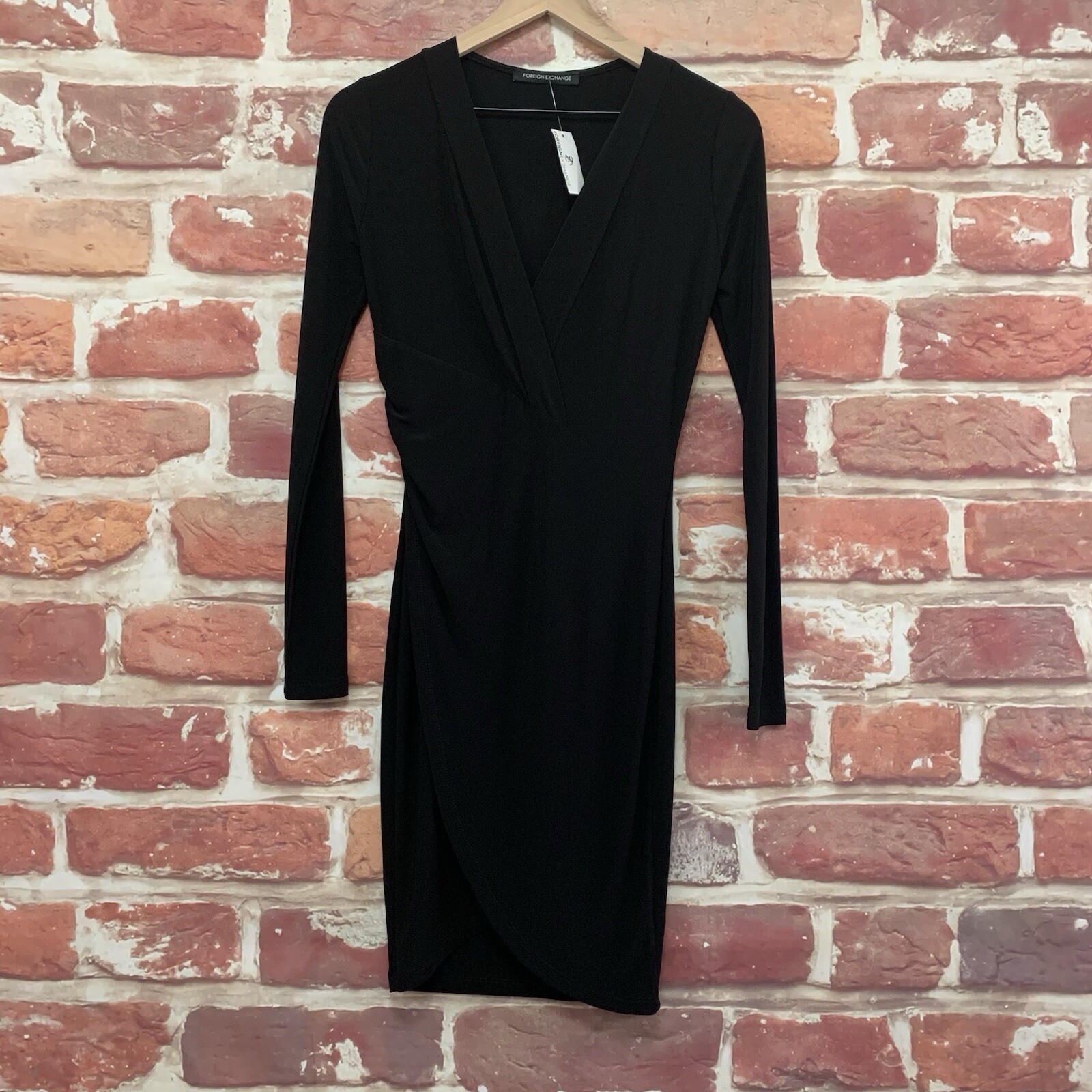 Foreign Exchange Dress Womens Small Plain Black Surplice Wrap Stretchy