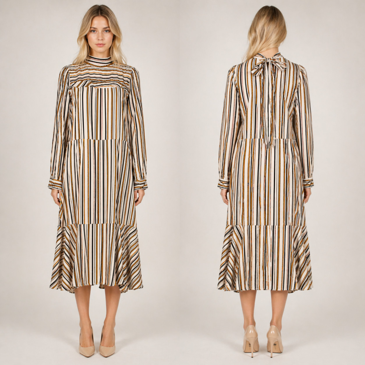Dorothee Schumacher SatinDress Mock Neck Tiered Midi Luxury Designer SZ Medium
