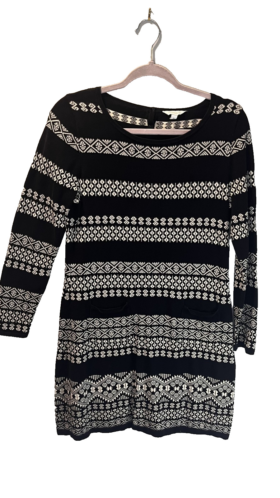 Monsoon Fair Isle 100% Cotton Knit Sweater Dress Black Ivory Long Sleeve Medium