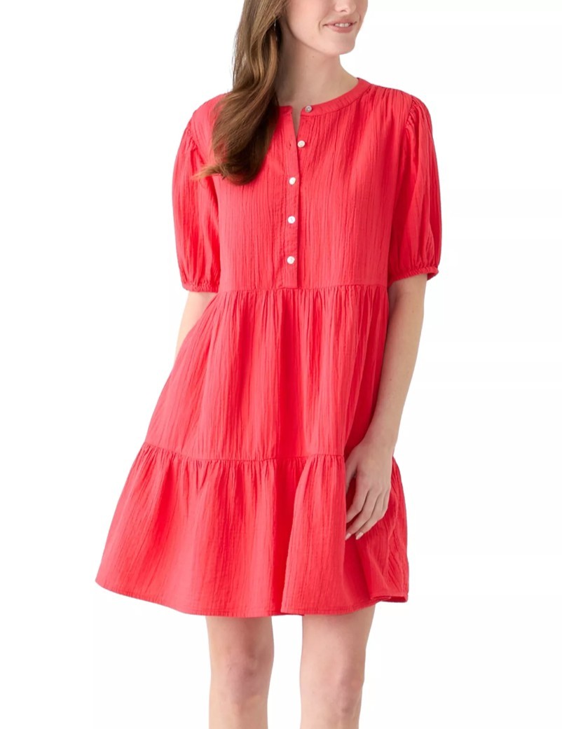 NWT Wonderly Size M Gauze Tiered Dress Cotton Button Front Pockets Boho Cottage