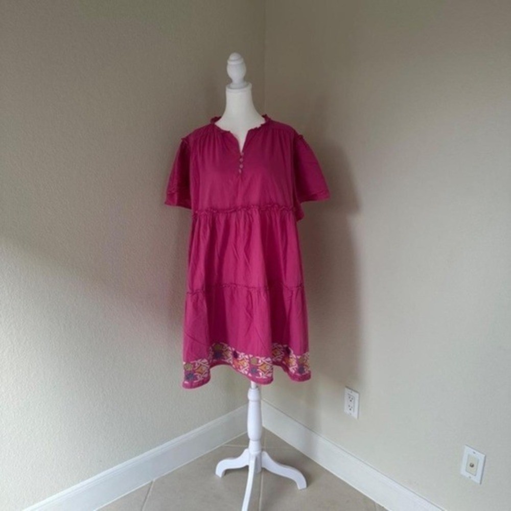 Layers Clothing Tiered Mini Dress Womens L Pink Boho Embroidered Flutter Sleeve