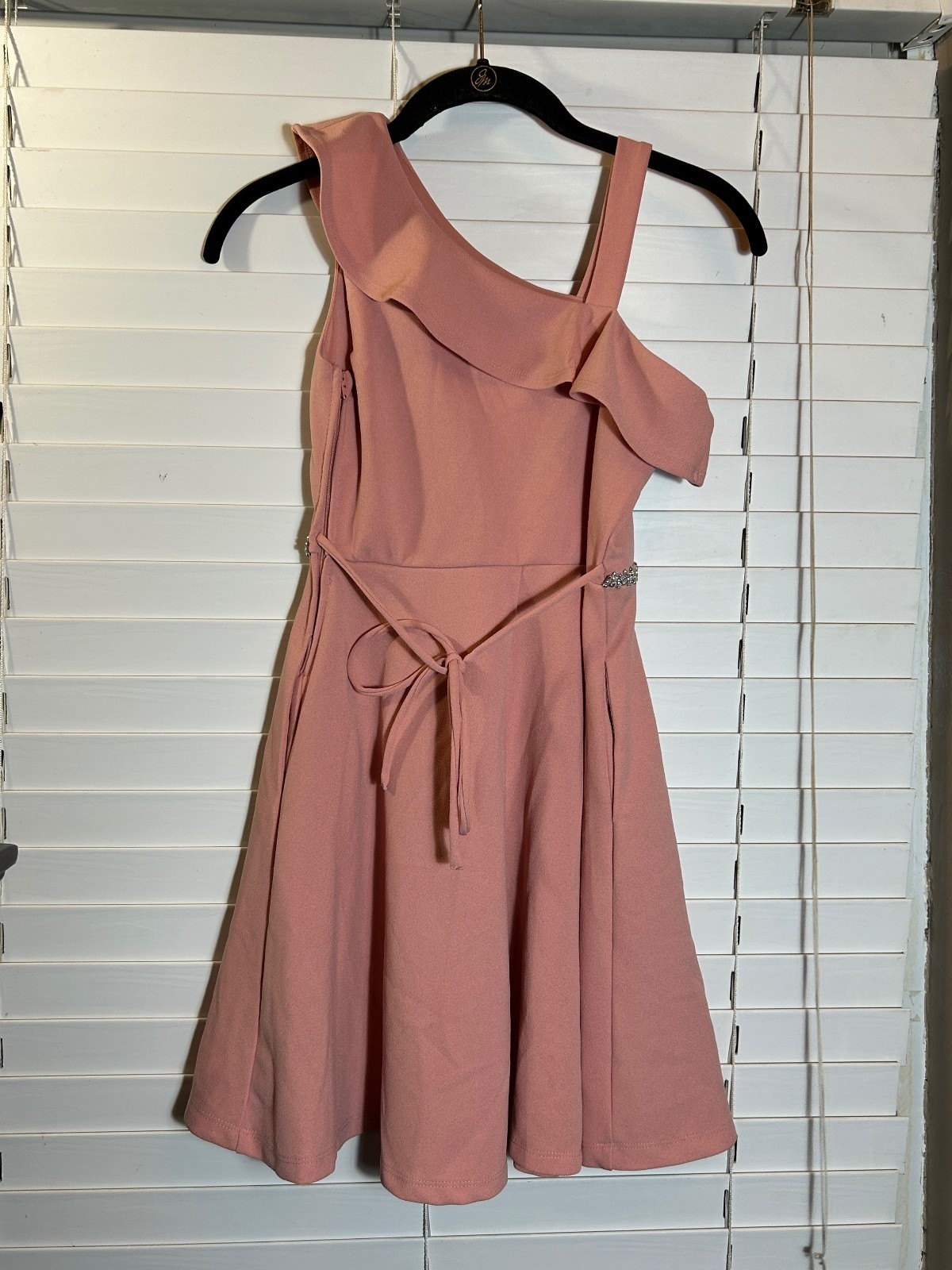 Speechless Pink One-Shoulder Ruffle Dress with Rhinestone Waist Accent Size 10