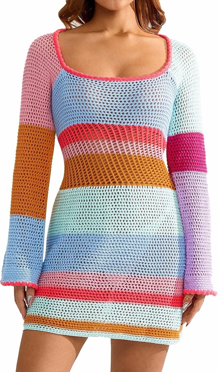 Multicolor Striped Open Knit Square Neck Long Sleeve Sweater Mini Dress Size M