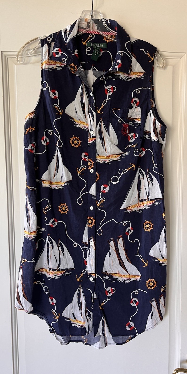 RALPH LAUREN classic navy blue Nautical Sailboats light sleeveless Shirt Dress M