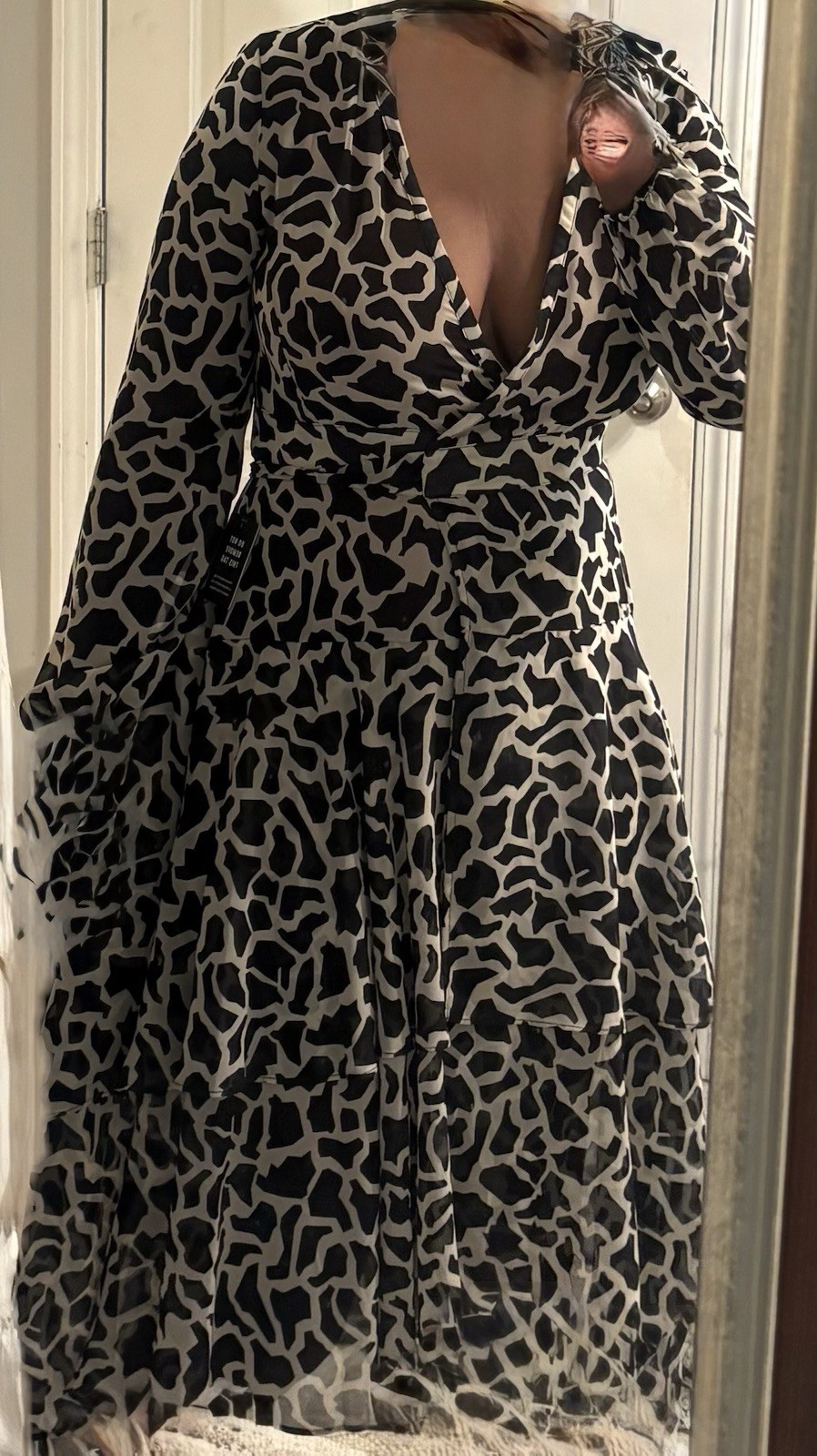 Express XS Black Beige Animal Print Sheer V-Neck Long Sleeve Tie Wrap Midi