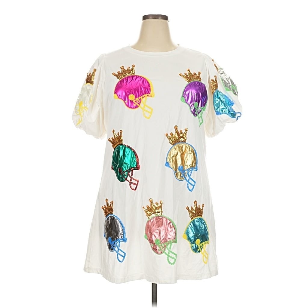 Queen of Sparkles Football Helmet Crown Sequin Puff Sleeve Dress White Small