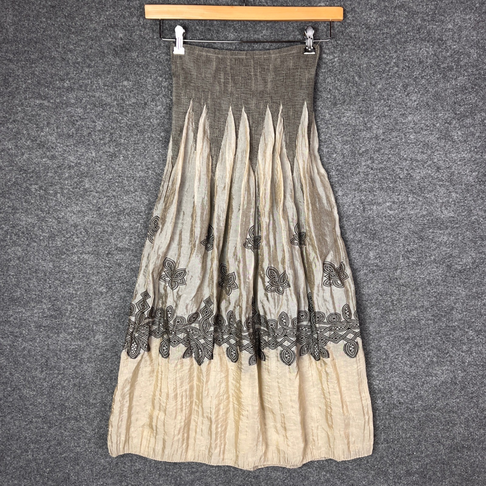 y2k Lapis Womens One Size Smocked Waist Maxi Skirt Boho Embroidered Floral Brown