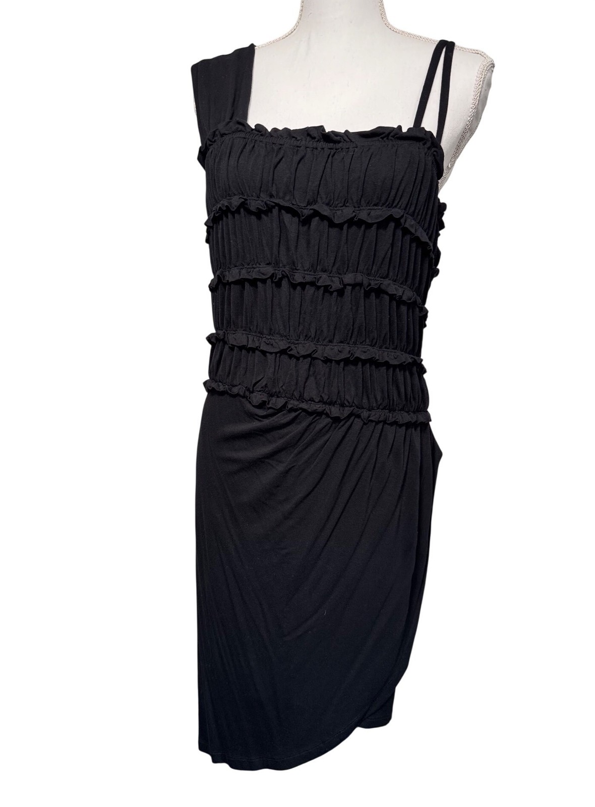 Leifnotes Black Ruched One-Shoulder Midi Dress S Ruffle Details Stretch Travel