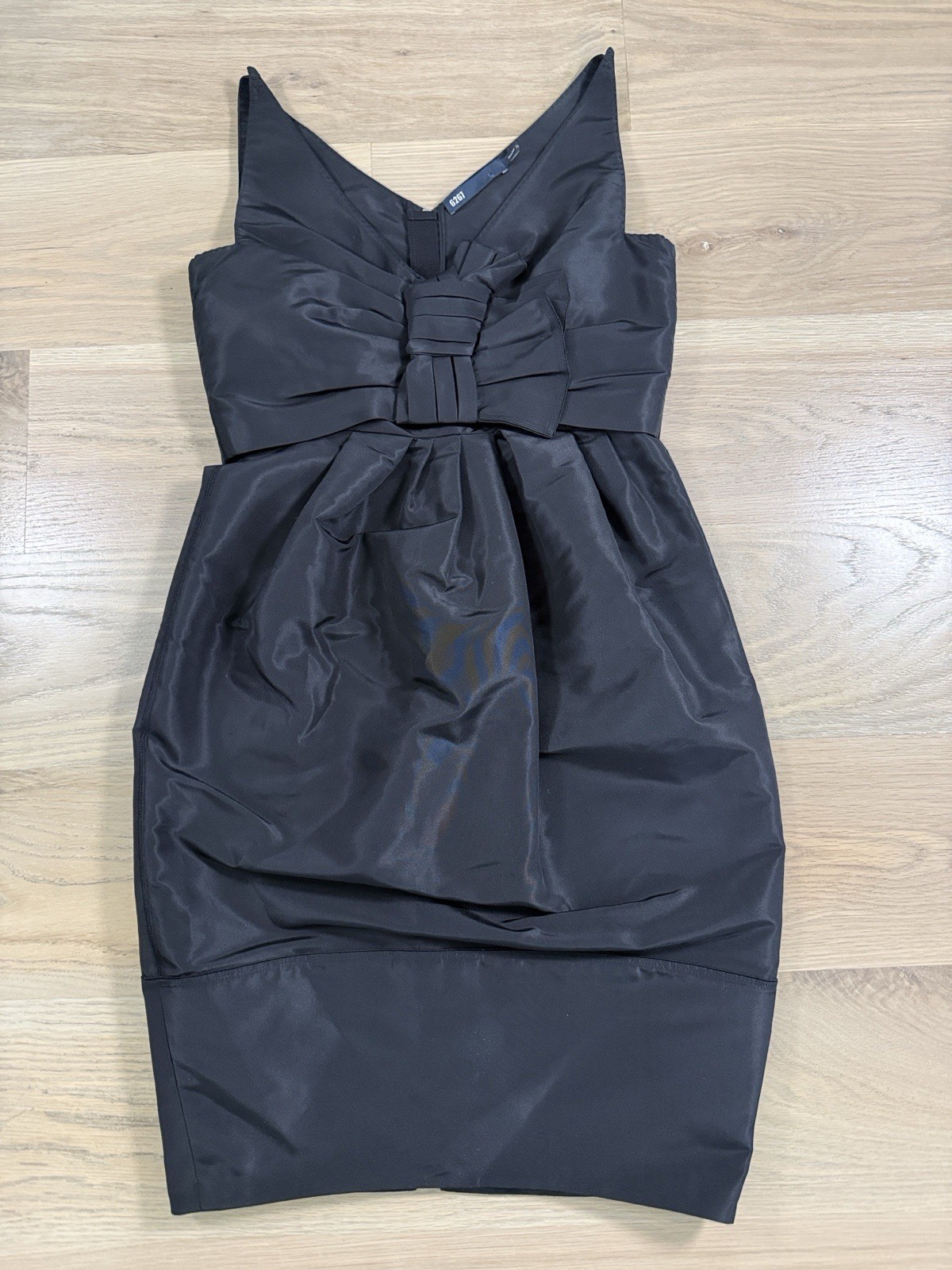 6267 Black Solid V-Neck Sleeveless Sheath Knee Dress Bow Pleated Zip 42