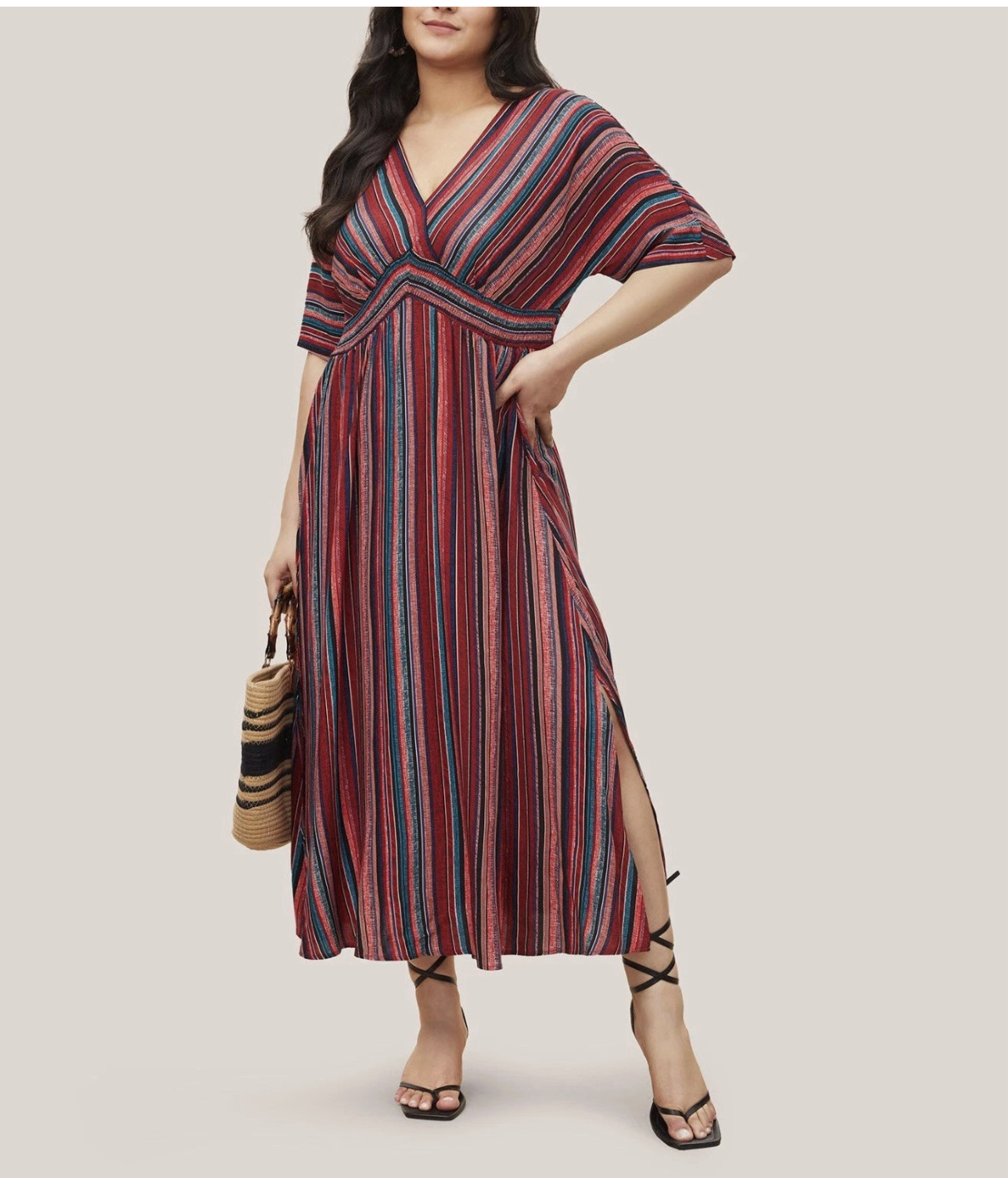 BloomChic Striped Contrast Dolman Shirred Pocket Split Flutter Dress Size 1X