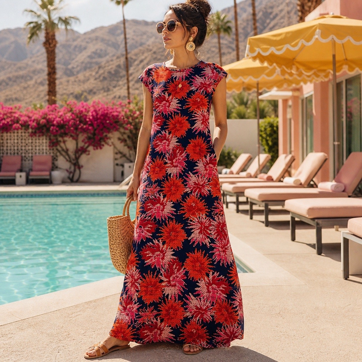 Retro Palm Springs Bold Floral Maxi Dress S Resort Wear Italian Riviera Style